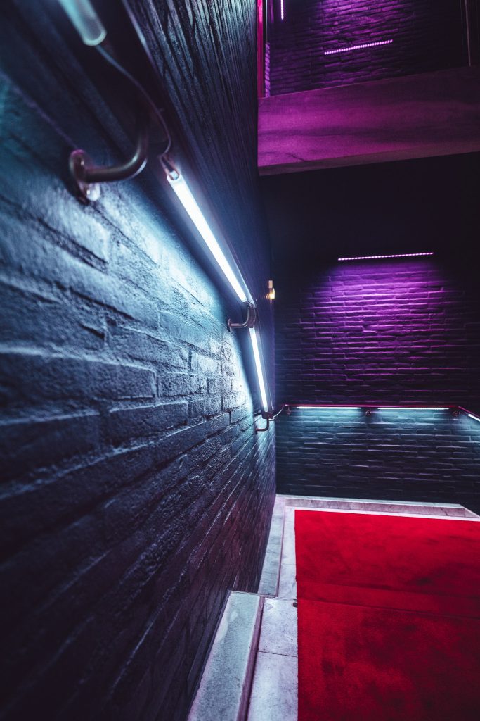 Narrow stairwell lit by blue and purple neon lights along brick walls, with a red carpet at the bottom.